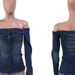SOLD. NWOT....OFF SHOULDER DENIM BARDOT SHIRT